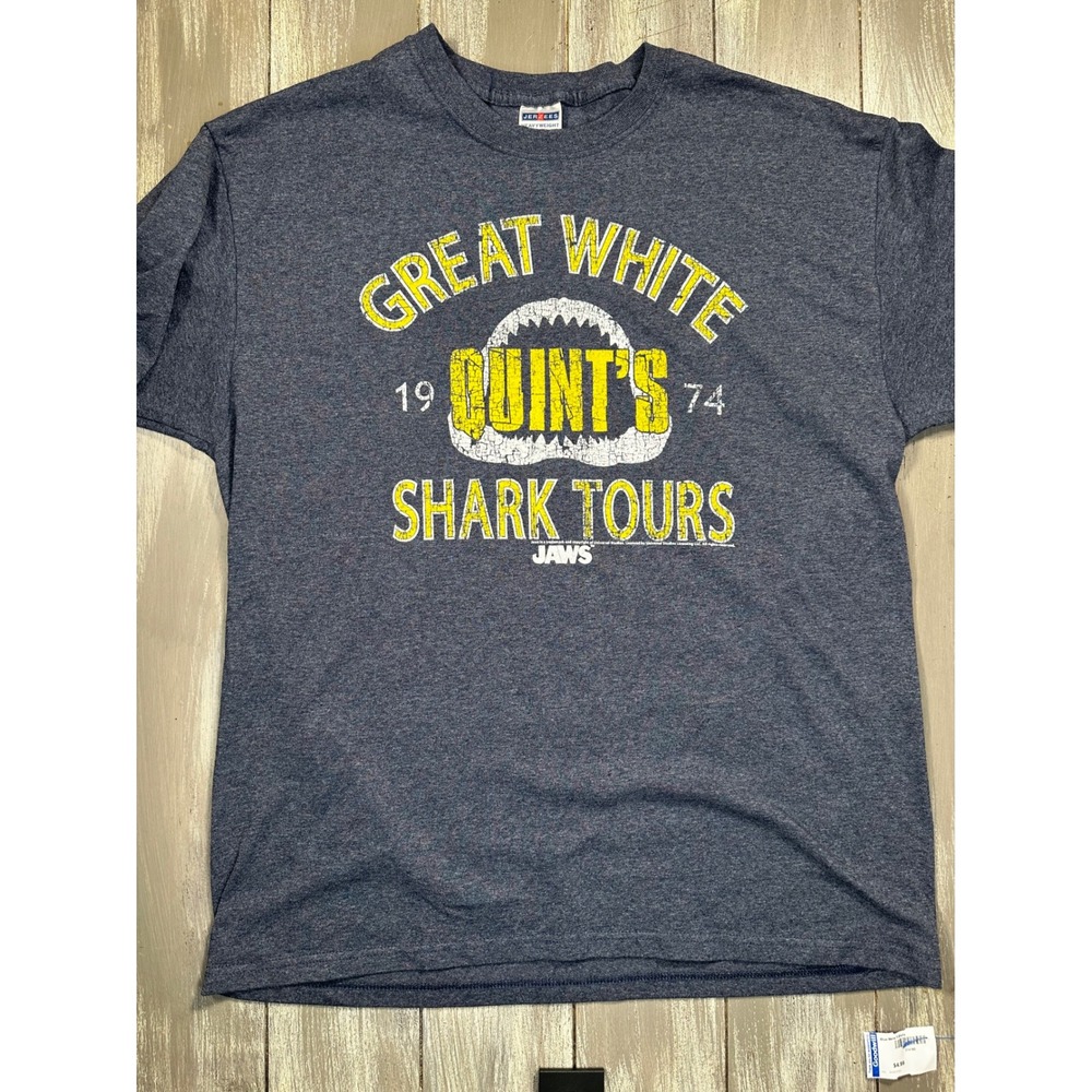 Jerzees Jaws Quint's Shark Tours Tee Mens XL Navy Excellent Graphic Movie Shirt - Picture 1 of 6